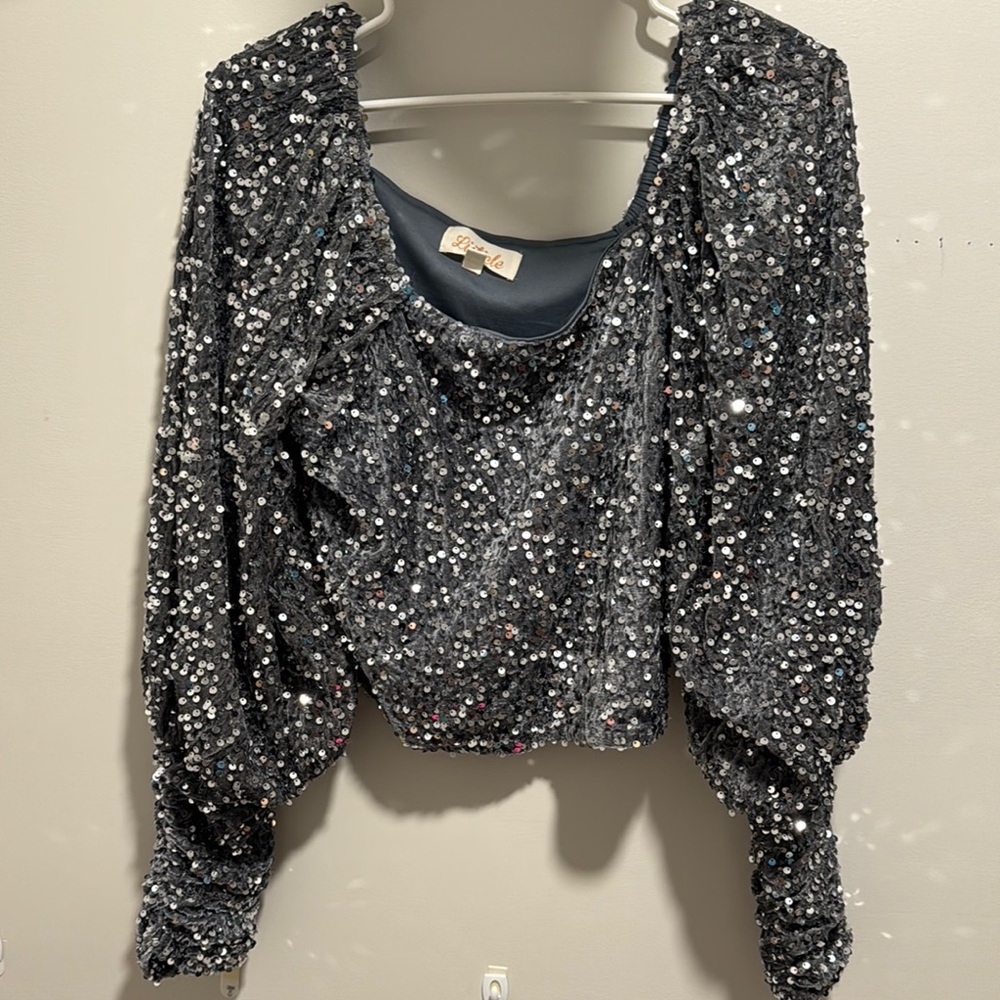 Listicle Glittering Silver Sequin Blouse